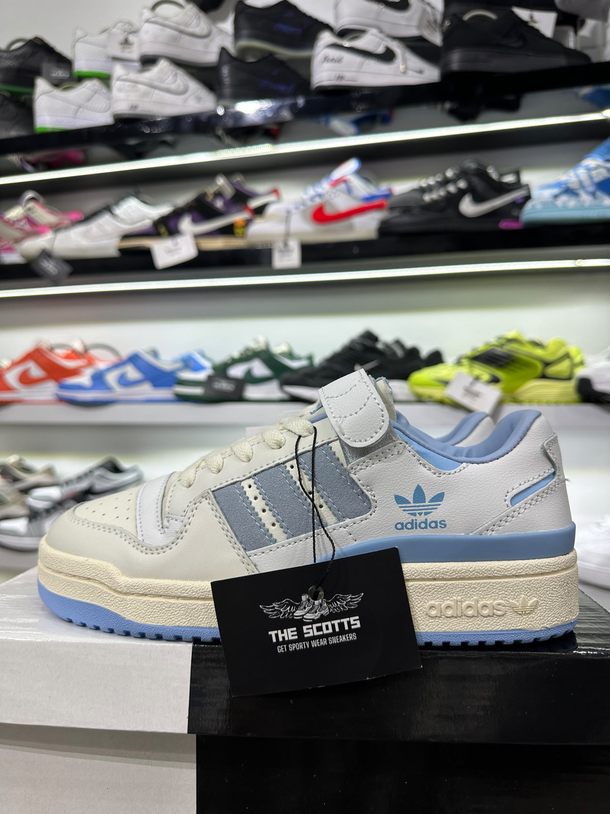 adidas forum in white clear blue