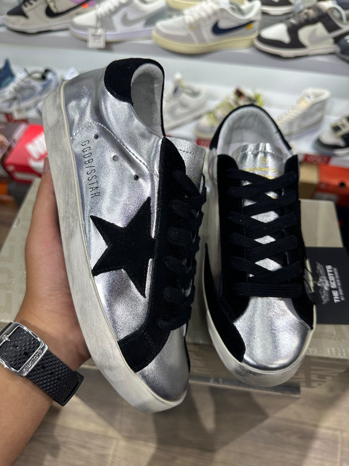 Golden Goose Super-Star trainers in silver leather