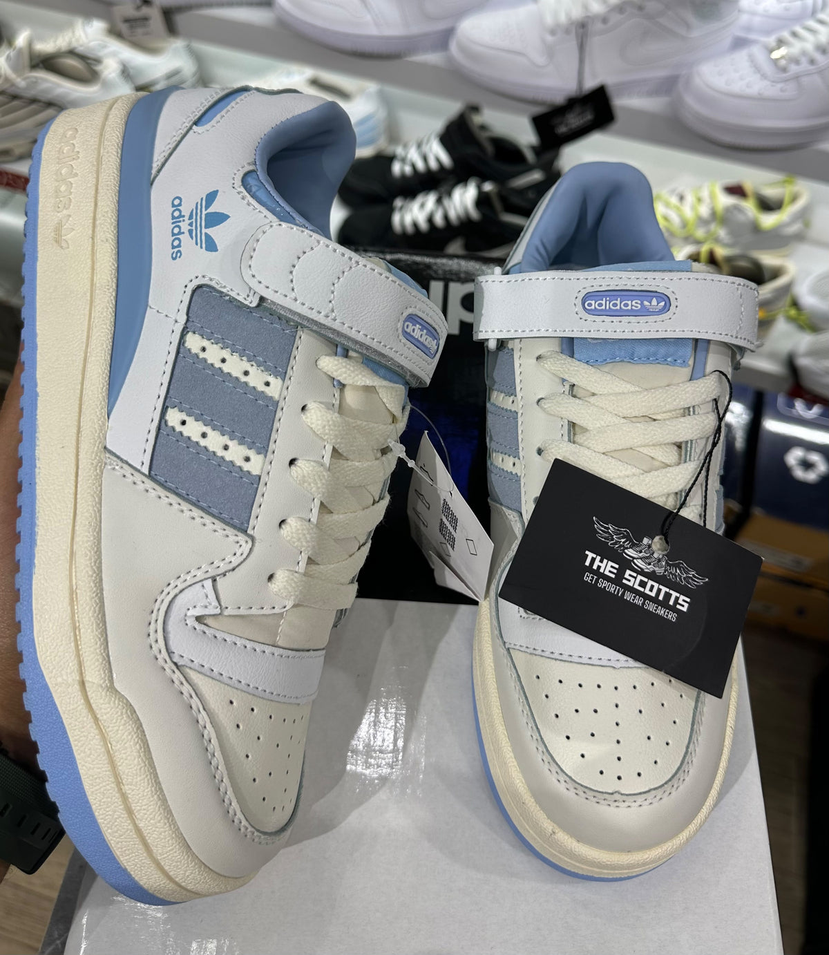 adidas forum in white clear blue